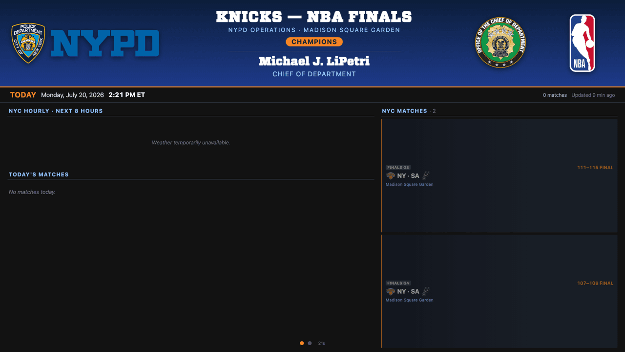Game Day panel with the Knicks NBA Finals header, a CHAMPIONS badge, and final Game 3 and Game 4 scores at Madison Square Garden